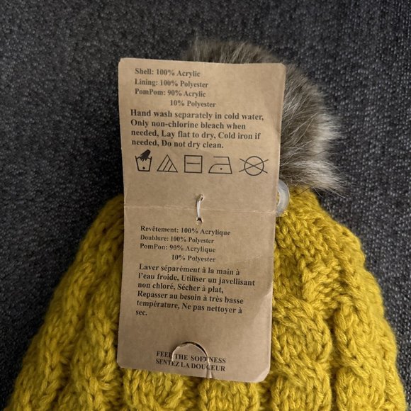 Women’s Mustard Colored Knit Hat with Faux Fur Pom Pom Inner Fleece Lining NWT - Picture 5 of 5